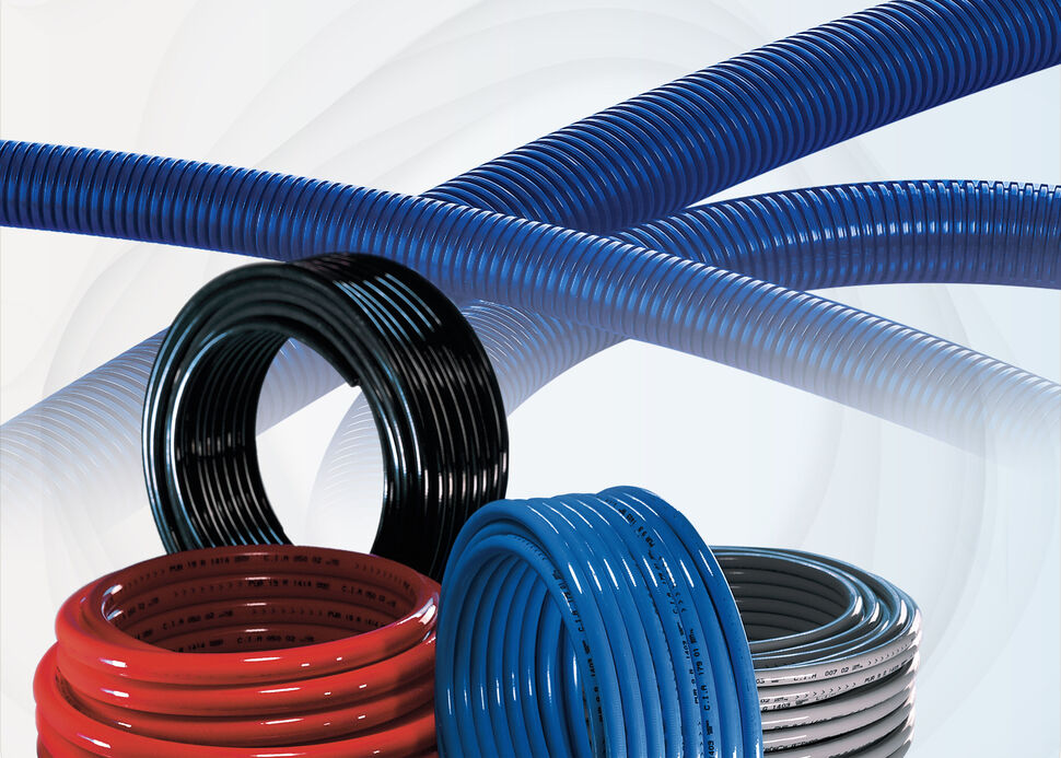 Collage of blue robotic corrugated hoses and BizLink tube-fit PUR-line reinforced two layer polyurethane hoses – self-locked