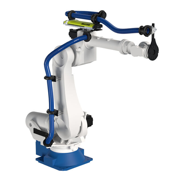 White Hyundai HS200 robot with complete system example, LSH dresspack.