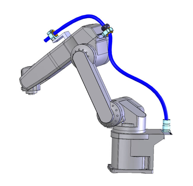 Grey Mitsubishi RV-6SL robot with corrugated hose solution in blue, axis 1-4.