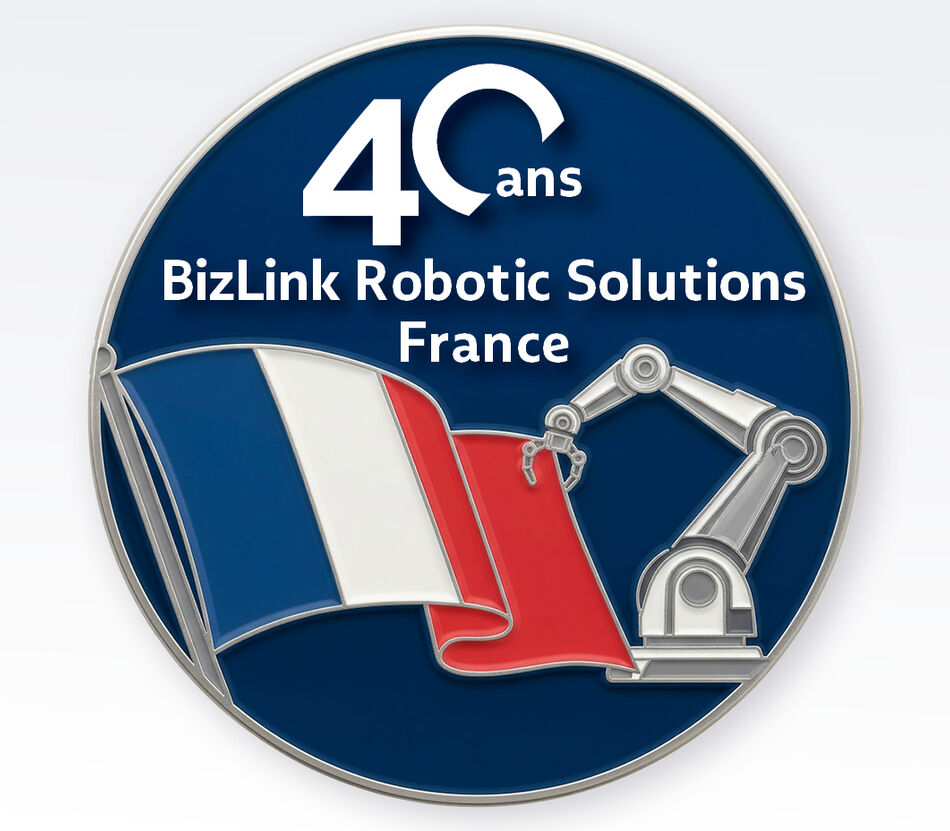 Image with a French waving flag and a robot silhouette and text saying 40 years BizLink Robotic Solutions France
