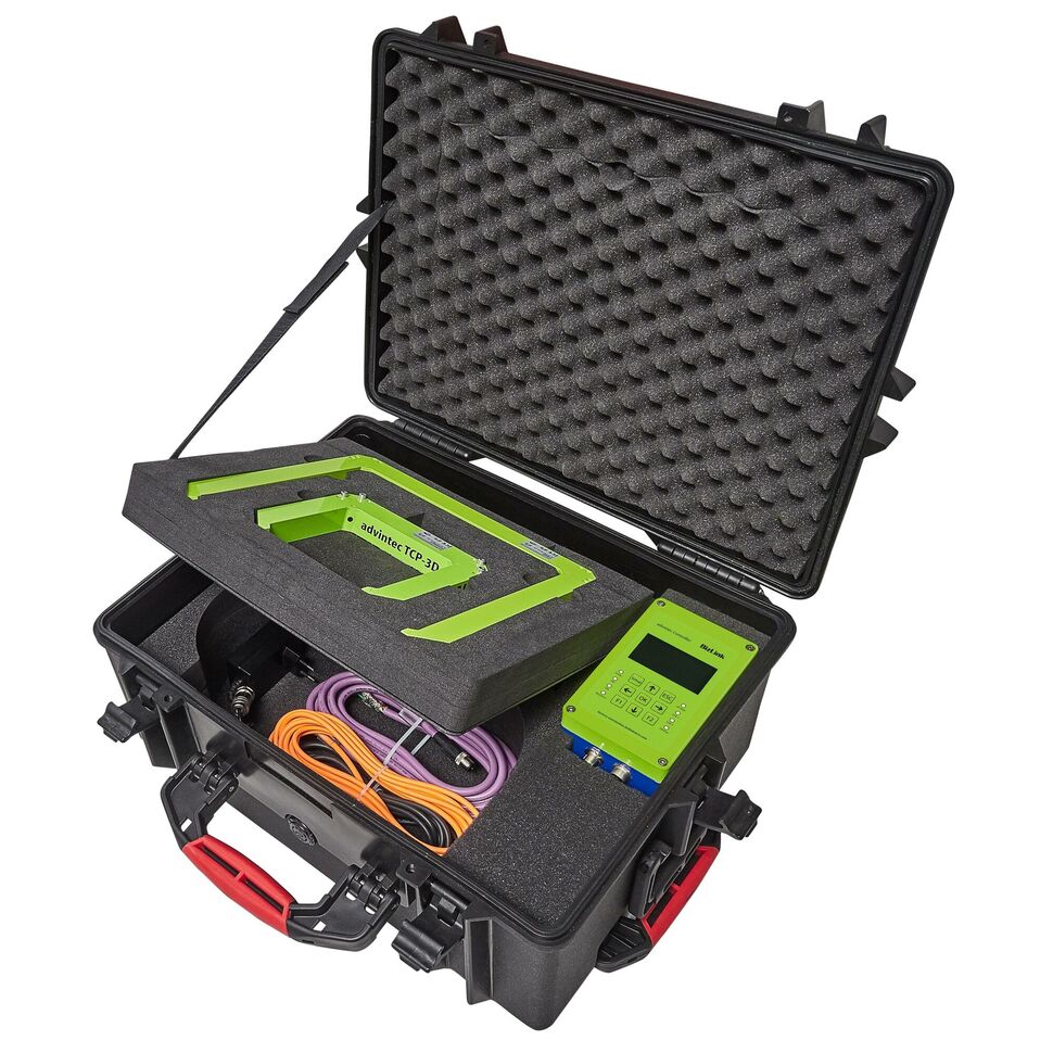 Black mobile calibration case with advintec TCP sensors, cables and controller, opened for demonstration