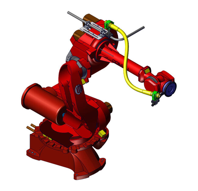 Red COMAU NH2-NH3 robot with yellow smooth tube system, axis 3-6.