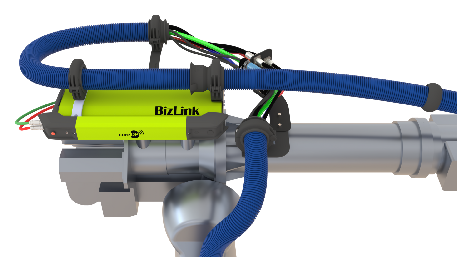 Side view of industrial robot equipped with careDP system on LSH 3 dresspack for AI-powered monitoring.