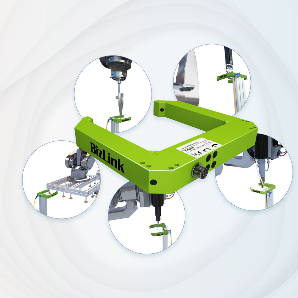 Collage showing advintec TCP robotic tool calibration sensor and applications in circles