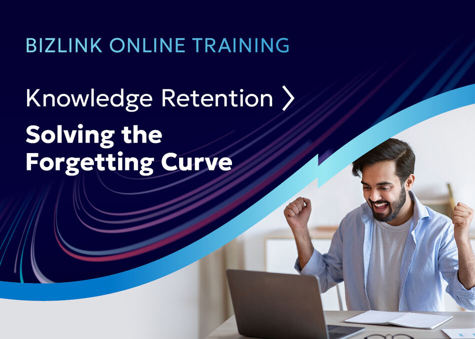 BizLink online training focused on knowledge retention, showing a professional learning at a laptop